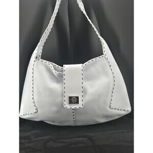 Sharif Slouchy Crescent White Leather Contrast Stitching Hobo Shoulder Bag